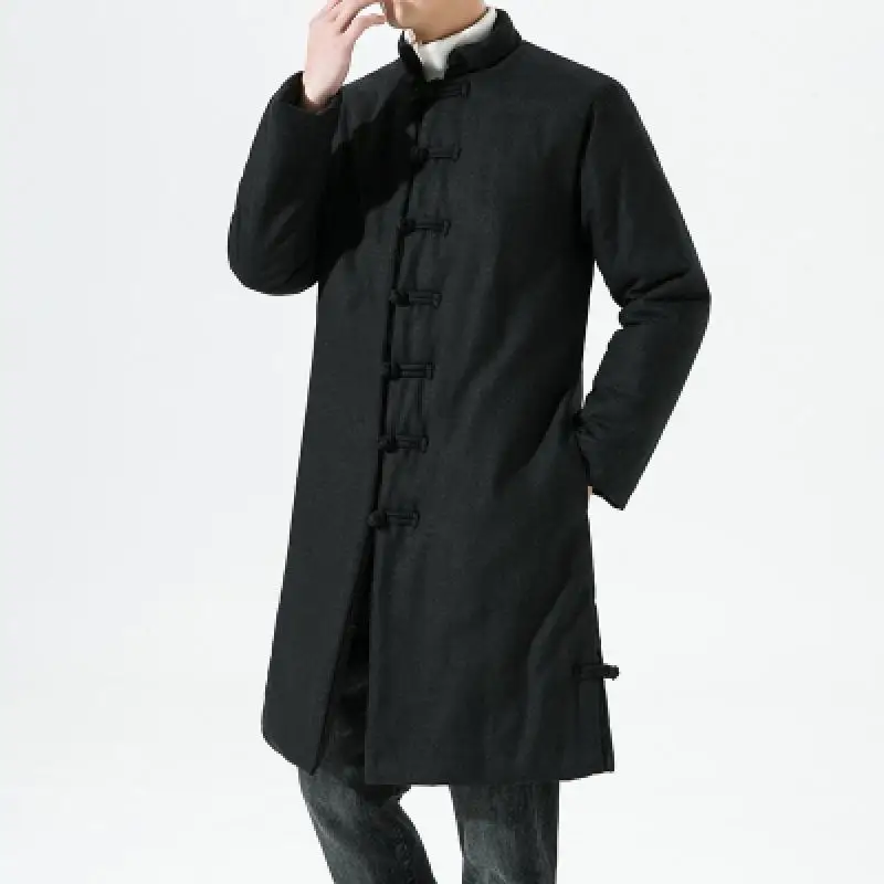 High Quality Hanfu Chinese Style Tang Suit Linen Thick Cotton Coat Winter Chinos Clothes Men Long Black Navy China Jacket Tops