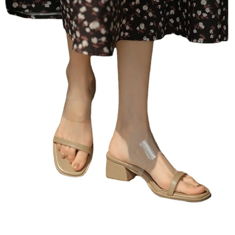 Women Transparent PVC Sandals Ladies High Heel Pumps Slippers Open Toes Thick Heel Fashion Female Slides Summer Slippers Female