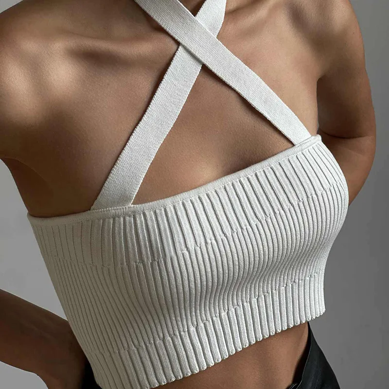 

Women Clothing New Spring Summer Fashionable Women Solid Color Tight Hanging Neck Casual Knitted Solid Simple Style Vest Women