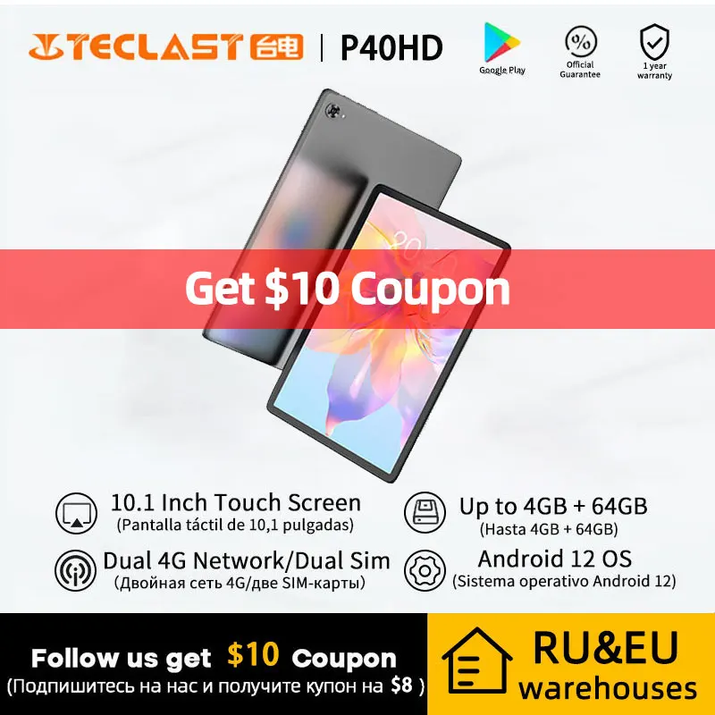 Teclast P40HD 10.1&quot Tablet Android 12 1920 × 1200 FHD 4GB RAM 64GB ROM A75 8 Core CPU 6000mAh type-c 5G WIFI BT5.0 GPS metalowy - купить