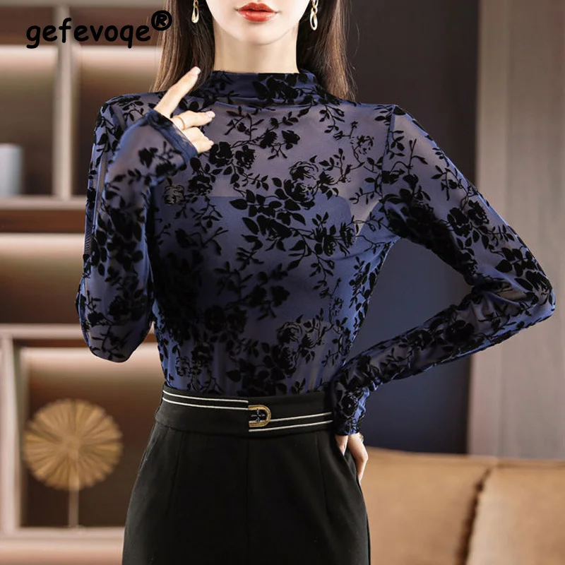

Women's Spring Autumn New Fashion Sexy Sheer Mesh Vintage Flower Flocking Long Sleeve All Match Basic T-shirts Slim Ladies Tops