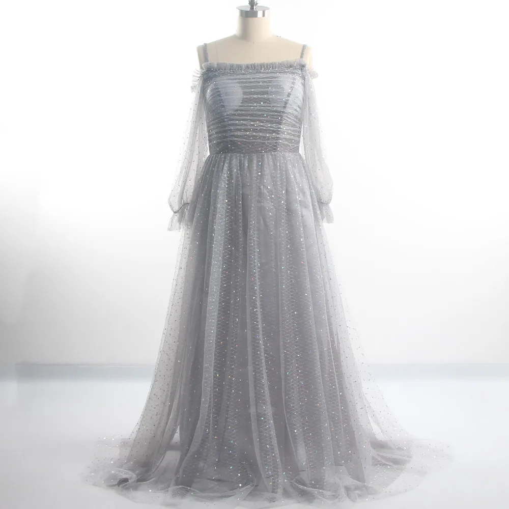

Evening Dresses Pleat Off the shoulder Full Sleeves Gray Bling Tulle A-line Floor Length Plus size Women Party Dress 2022 B1606