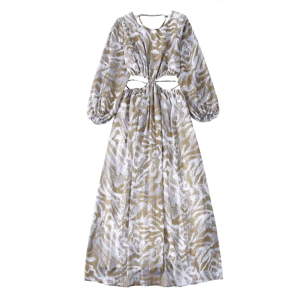 

Women 2022 New Fashion Hollow Design Print Dress Retro Round Neck Puff Sleeves Backless Elastic High Waist Female Midi Dress