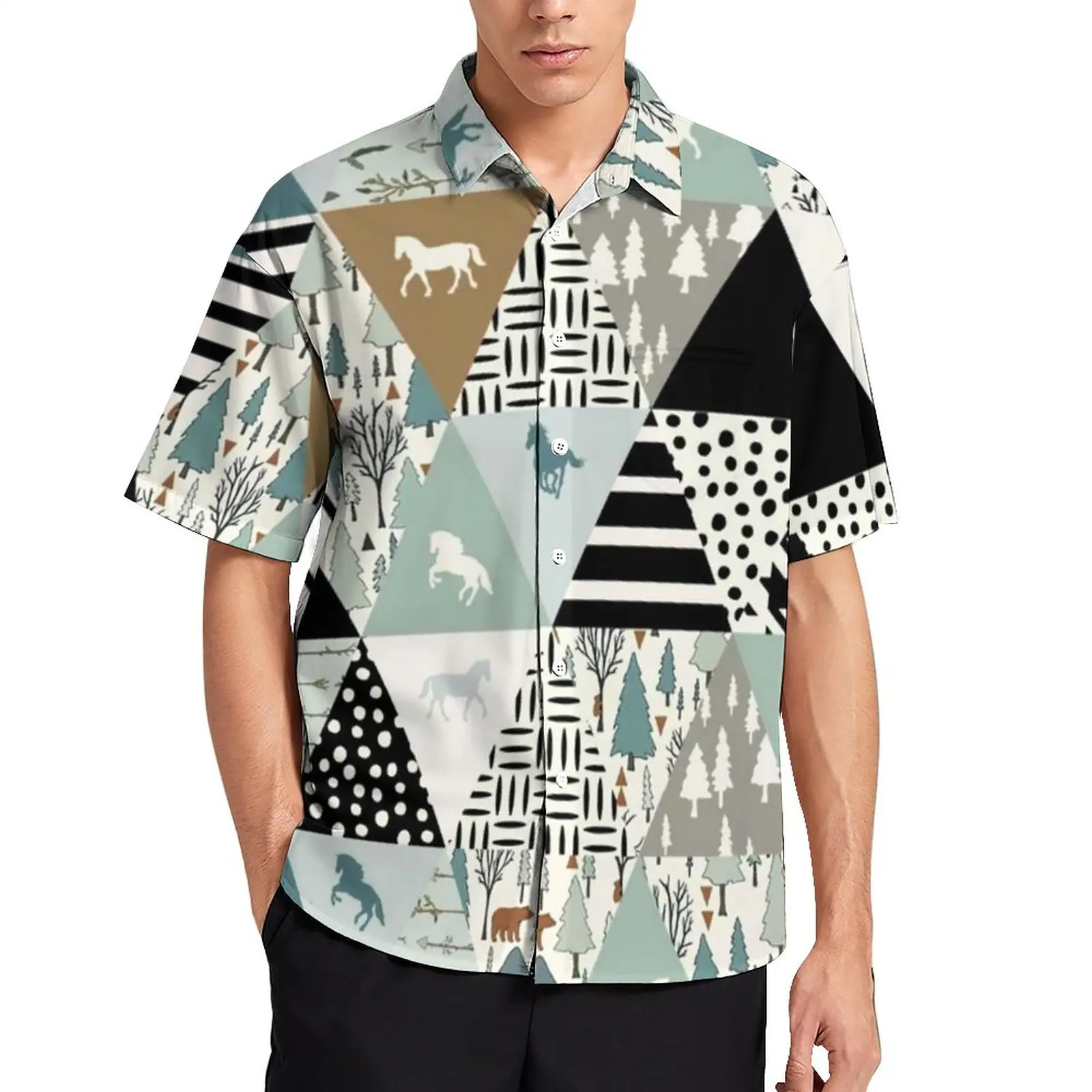 

Треугольная Лоскутная Повседневная рубашка лошади модная пляжная Свободная рубашка для влюбленных лошадей Гавайская стильная блузка Топ с коротким рукавом большого размера