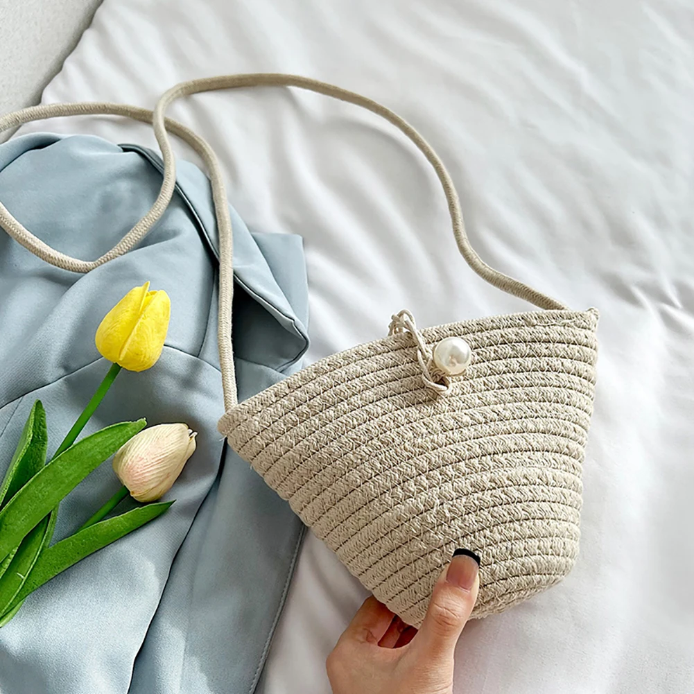 

Women Woven Solid Color Messenger Bag Lady Handmade Vintage Small Flap Pearl Top-Handle Bags for Women Gifts