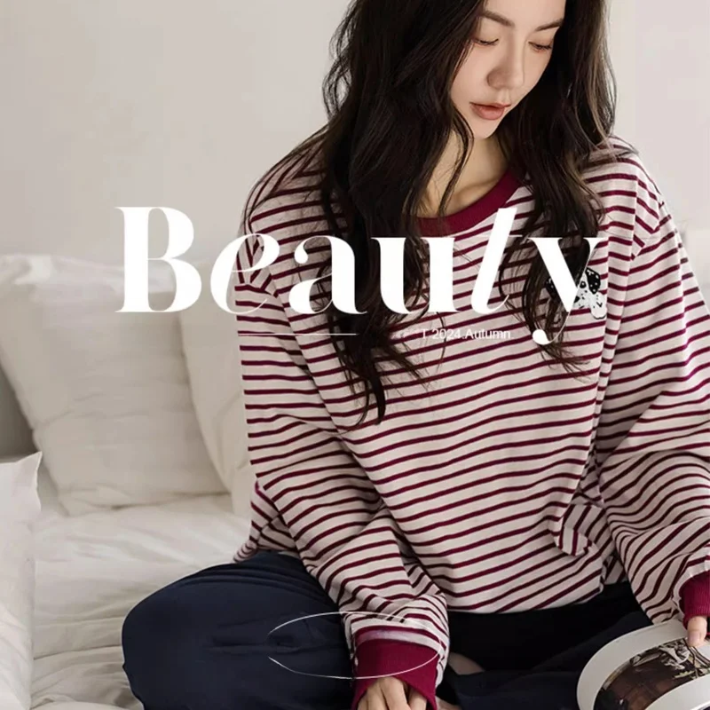 Biyan Pajamas Women Spring and Autumn New Soft Cotton Long sleeve Simple Stripe Can Be Worn outside Home Wear Loose Plus size... |