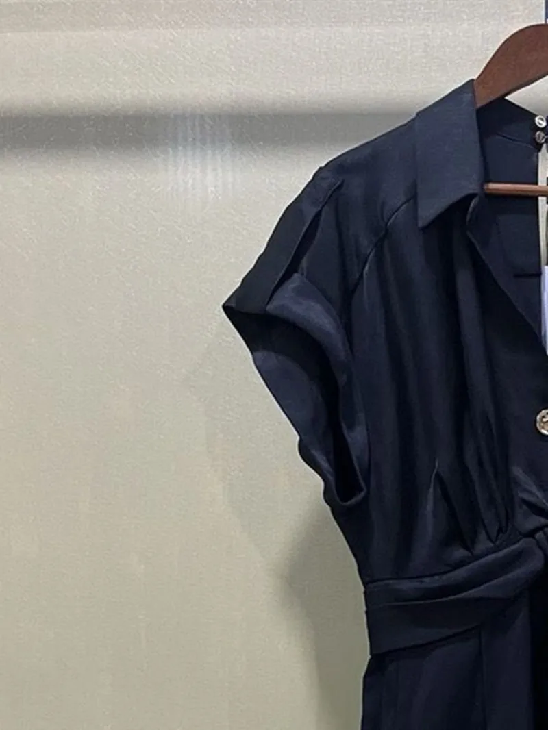 

Back Hollow out Women's Black V-neck Jumpsuits Simple Gold Buttons High Waist Short Sleeve Lady Romper