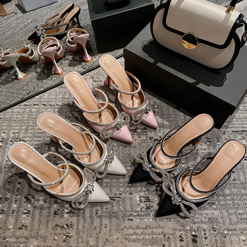 

Pointed Toe High Heels Spring and Autumn New Style Baotou Wine Glass with Rhinestone One Word Belt Sandals Women's Satin