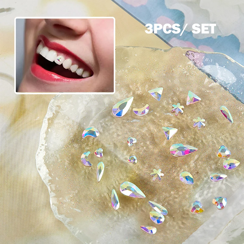

3Pcs Dental Tooth Gems Crystal Diamond Ornament Heart Shapes Color Teeth Jewelry Denture Acrylic Teeth Decoration