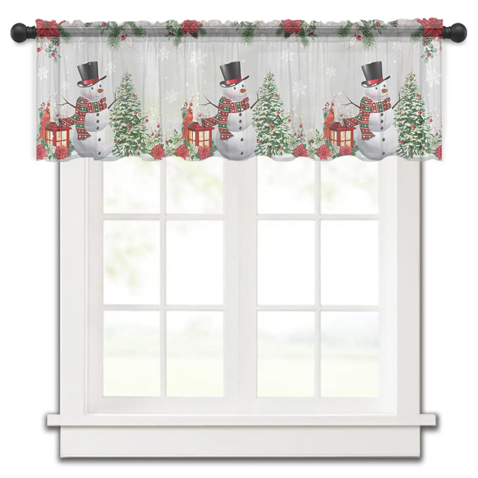 

Christmas Fir Tree Berries Snowman Rod Pocket Short Curtain Half-Curtain For Kitchen Door Drape Cafe Small Window Sheer Curtains