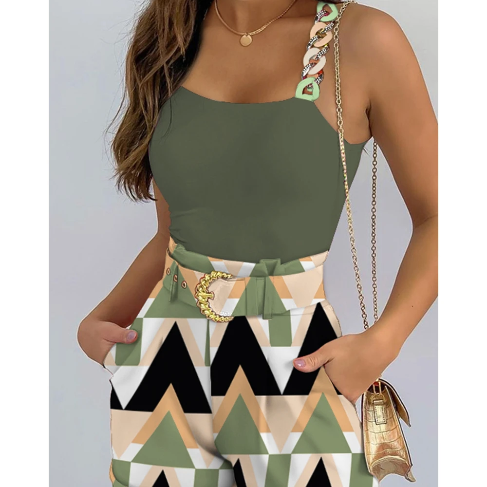 2023 Casual Two Piece Set for Women Chain Strap Tank Top & Geometric Print Shorts Set With Belt Streetwear Summer Outfits
