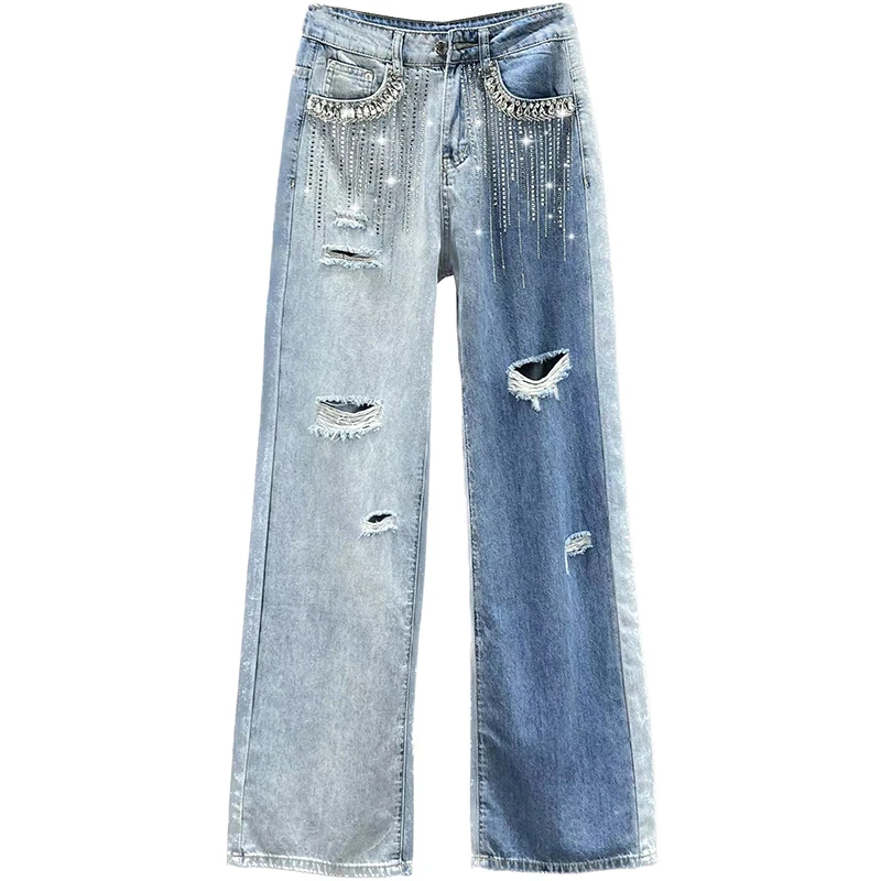 High Waist Ripped Wide-Leg Jeans Female 2023 Spring and Summer New Thin Loose Diamond-Embedded Trousers Baggy Jeans Women