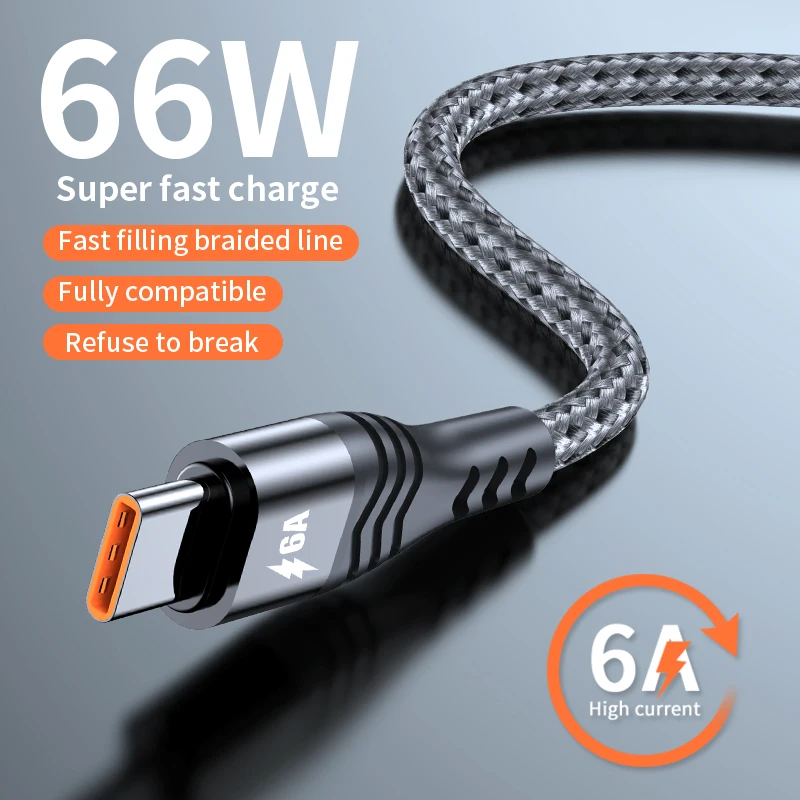 

6A 66W USB Type C Cable Super Fast Charging Cord 0.5/1/2/3 M Cable Data Cord for Huawei P50 Mate 40 Xiaomi Samsung OPPO