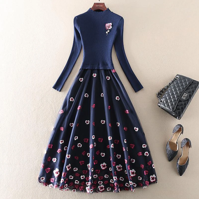 

Floral Embroidery Mesh Patchwork Knitting Sweater Dresses for Women Autumn Winter 2022 New Fashion Long Sleeve Slim Midi Dress