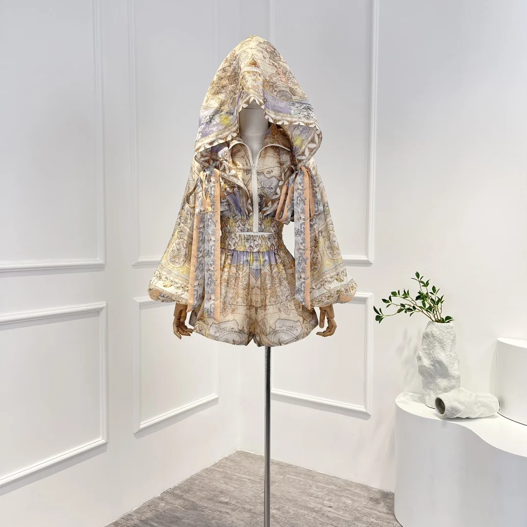 

2023 New Women Lantern Sleeve Stand Collar Print Tops With Shorts