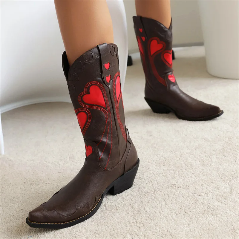 Women Mid Calf Boots Winter 2022 Designer Luxury Middle Heel Women Shoes Elegant Ethnic Style Banquet Lady Western Cowboy Boots