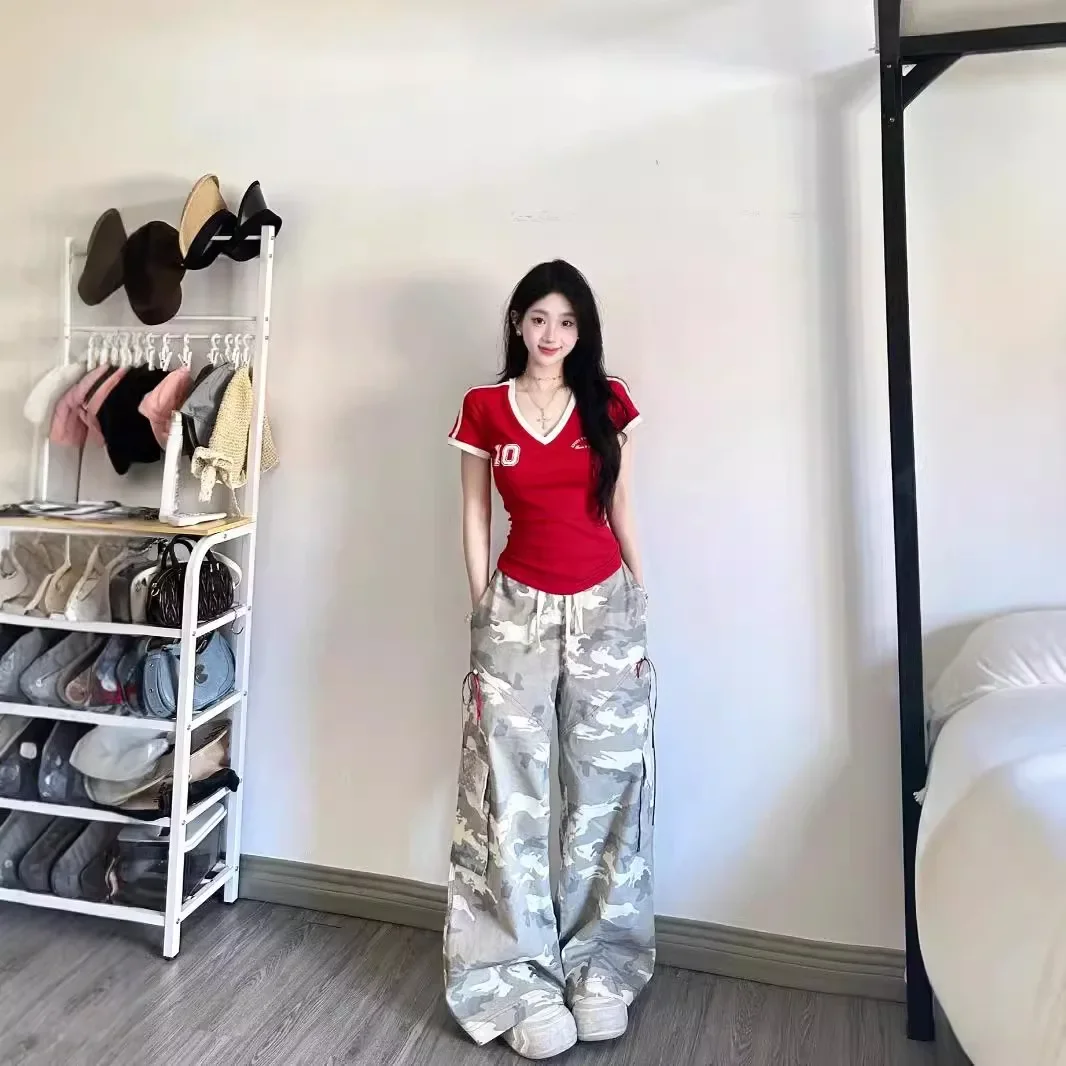 Amei 2024 летняя футболка с v-образным вырезом и для девочек разглаживающая короткими