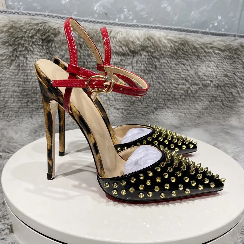 

Leopard Print Pointed Toe Female Pumps Ankle Strap Rivets Stiletto Sandals Studded Slingback High Heels Party Dress Women Shoes