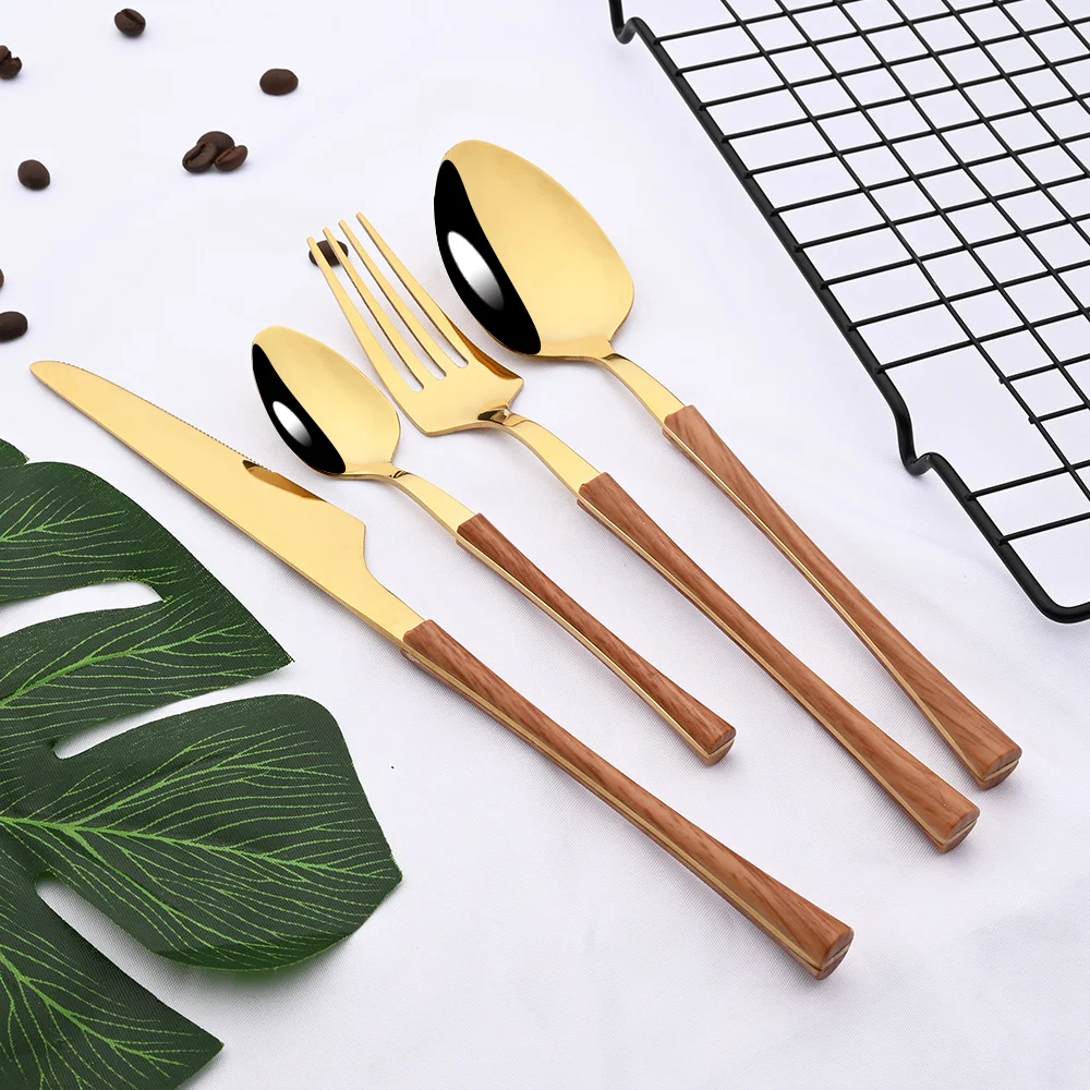 

24Pcs Stainless Steel Imitation Wooden Handle Cutlery Set Dinnerware Clamp Western Tableware Knife Fork Tea Spoon Silverware