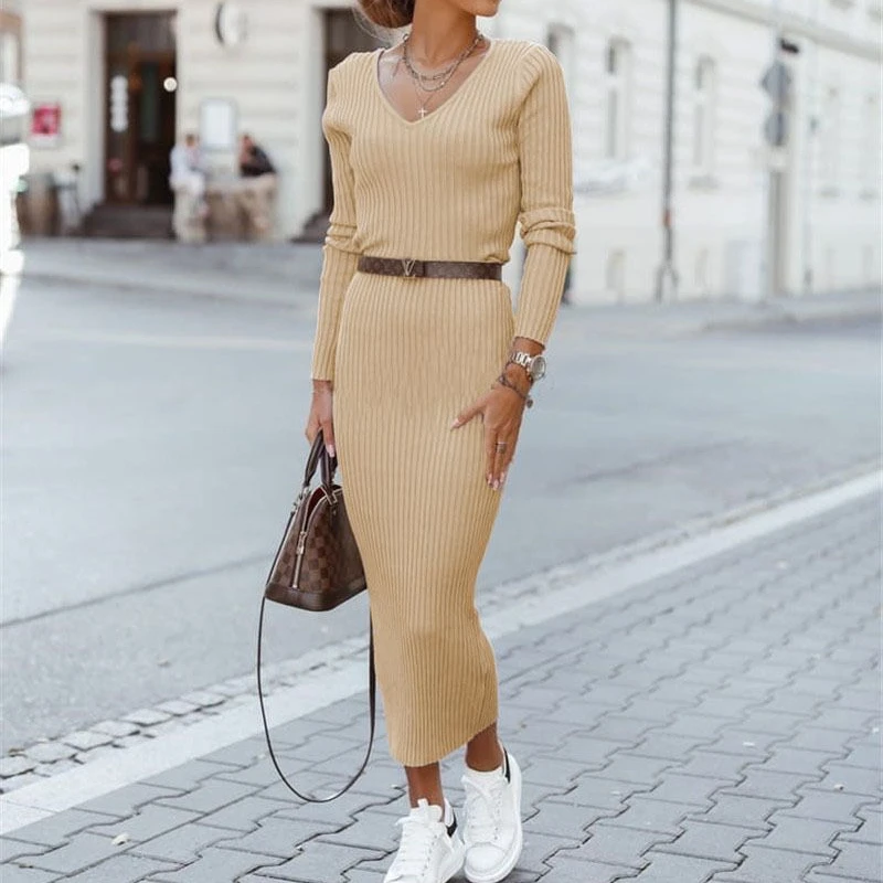 

Casual Y2k Plain V-neck Long-sleeved Slim Winter Spring and Autumn Clothing Daily Maxi Knit Bodycon Dress