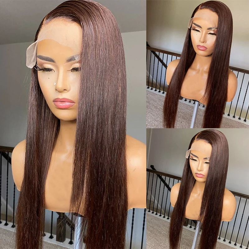 Dark Brown Lace Front Human Hair Wigs 150Density Straight Lace Frontal Wig For Women 4x4x1 Lace Closure Wig Brazilian Remy Color