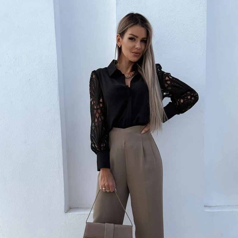 Женская винтажная кружевная блузка черная белая ажурная на пуговицах с длинным