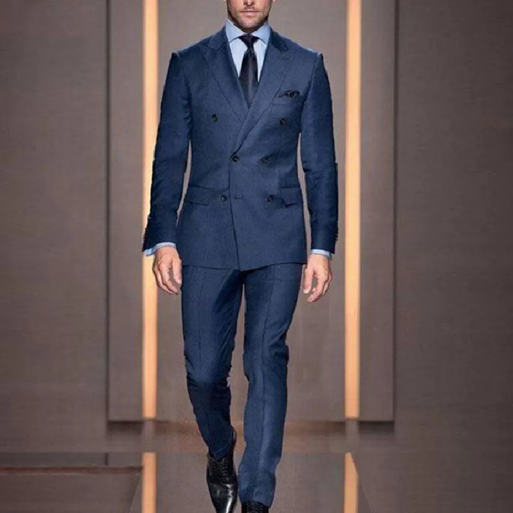 Traje de doble botonadura para hombre, bléiser informal, ajustado, traje de novio, 2 piezas, color azul oscuro, novedad de 2022
