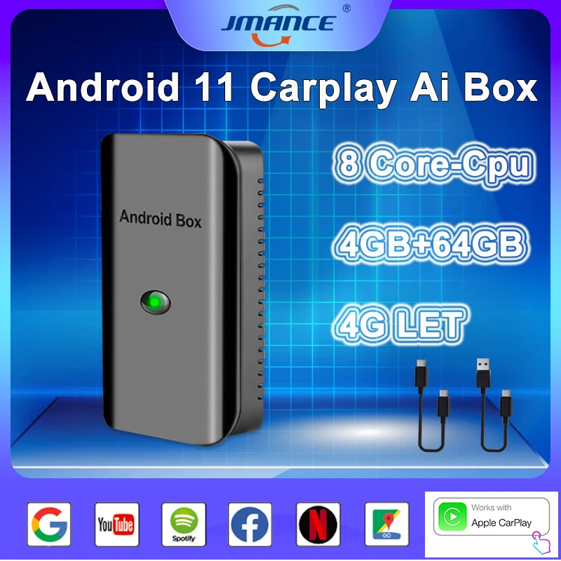 

JMANCE Carplay Ai Box Android Snapdragon 4G+64G Wireless Android Auto 4G LTE Netflix Streaming Box For Car Android 10 or 11