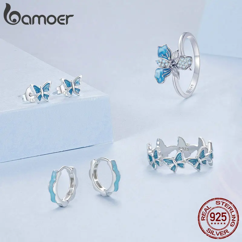 BAMOER 925 пробы серебристо-синяя эмаль в форме цветка пряжки для ушей Huggie шпильки