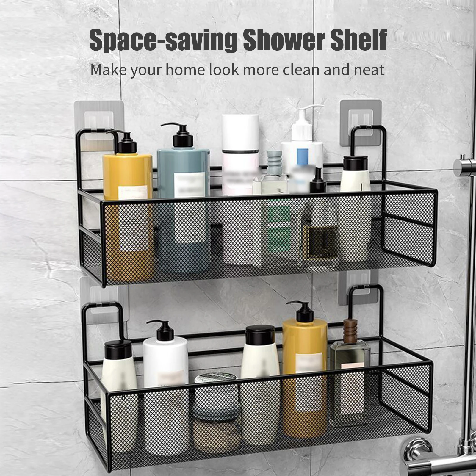 

Bathroom Shelf Organizer Wall Mounted Shelf No Drilling Adhesive Shower Storage Basket Rack for Toilet Kitchen Space-saving