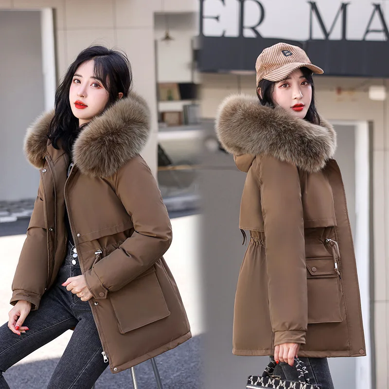 Autumn Winter New Women Hooded Parka Down Jacket Long Over The Knee Plus Velvet Warm Fur Collar Solid Color Large Size Coats