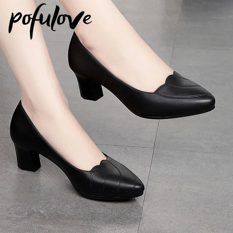 Женские туфли-лодочки на среднем квадратном каблуке из ПУ кожи | Обувь