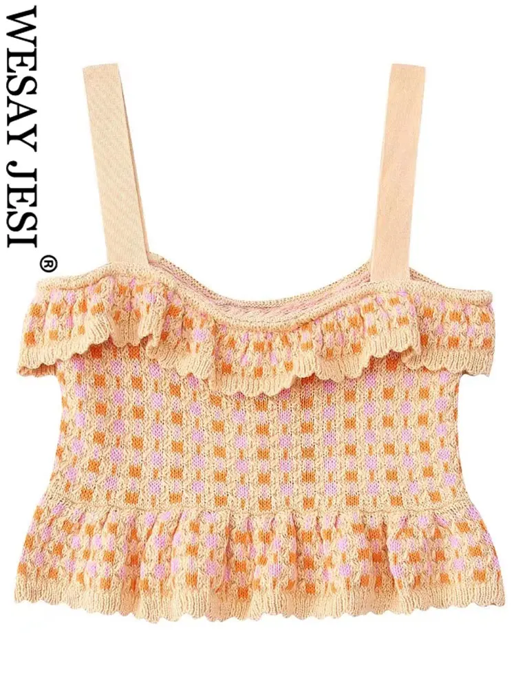 

WESAY JESI High Street Fashion Vest Orange Plaid Knit Skin-Friendly Sweater Vest Neckline Lace Youthful Cute Short Ladies Sling
