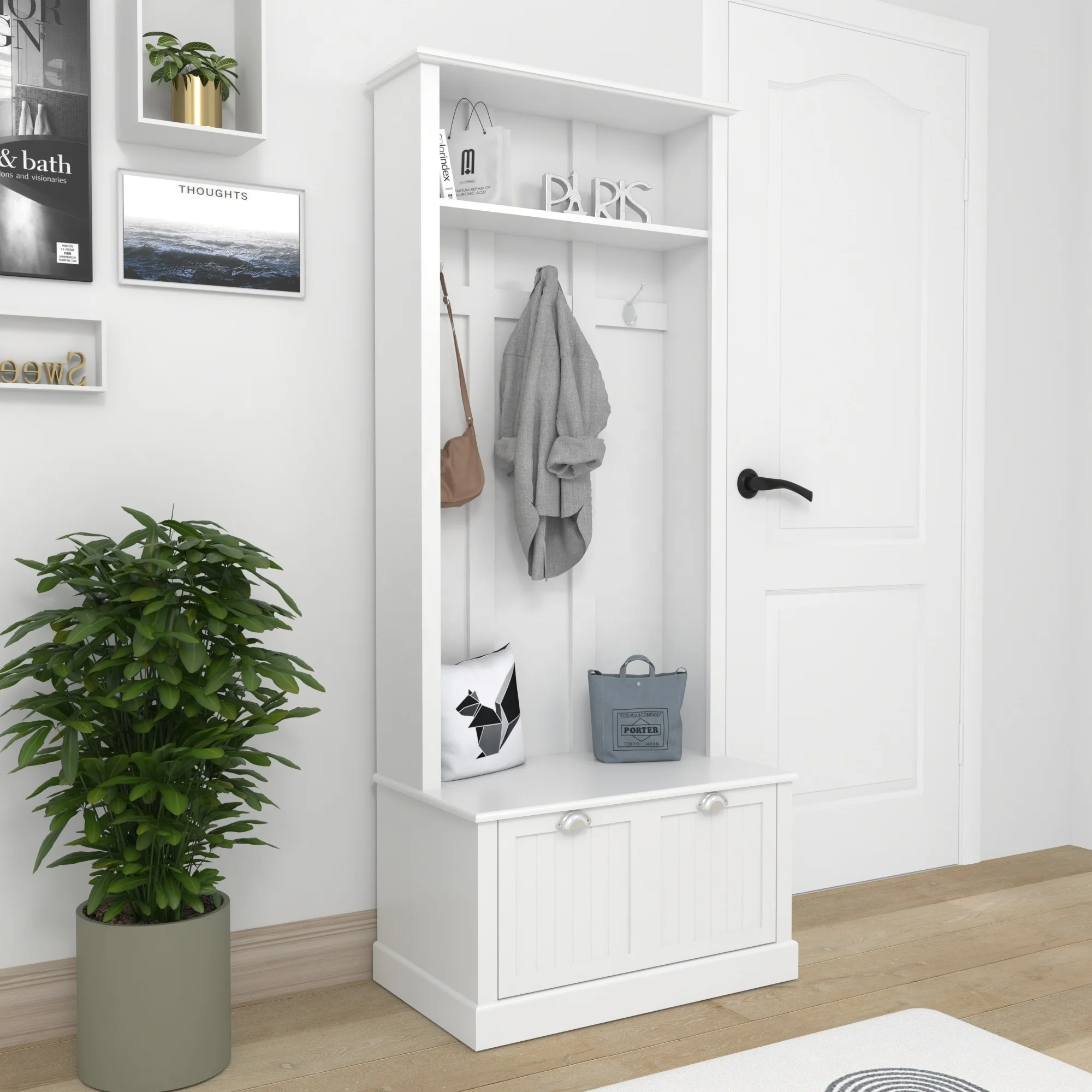 

Multifunctional white free standing entryway bedroom bench MDF Wooden Clothes Coat Rack With Drawer