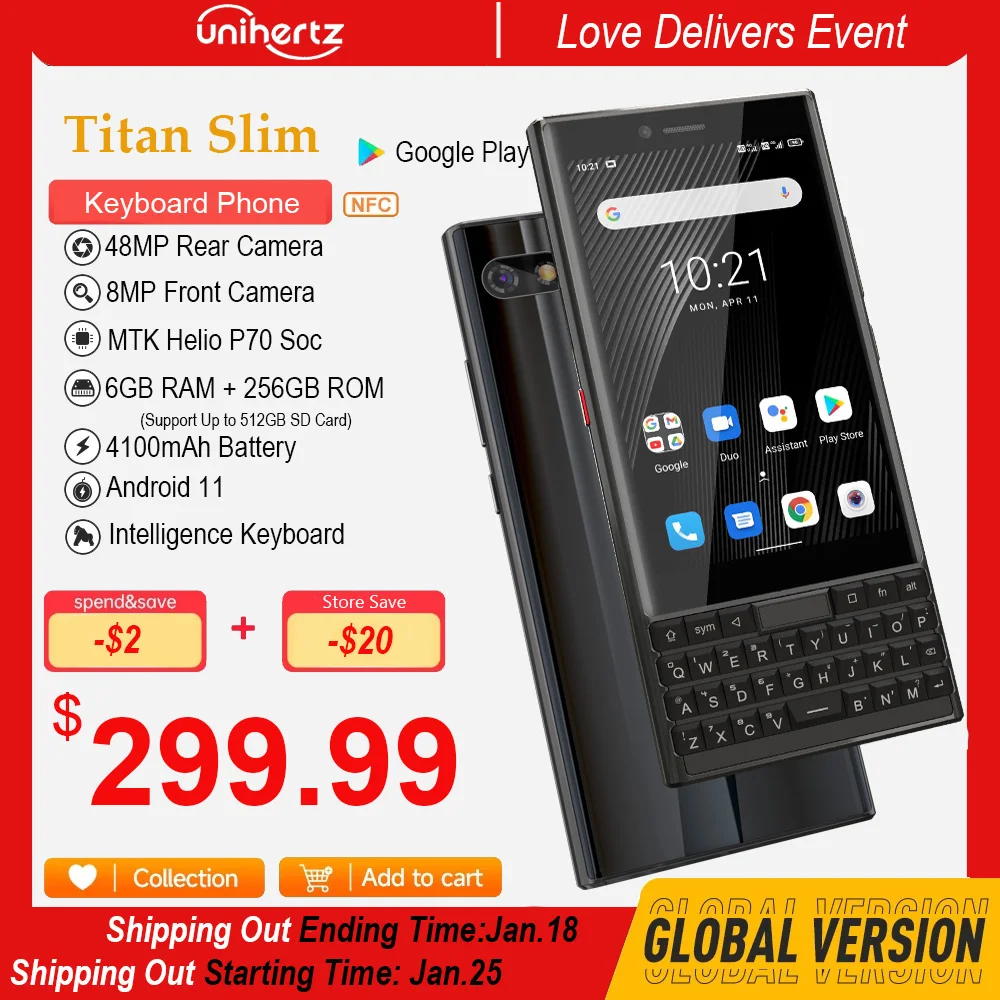 Глобальная версия Unihertz TITAN тонкий 6 ГБ 256 Гб Смартфон Android 11 Qwerty клавиатура мобильный телефон 48 МП NFC 4100 мАч 4G