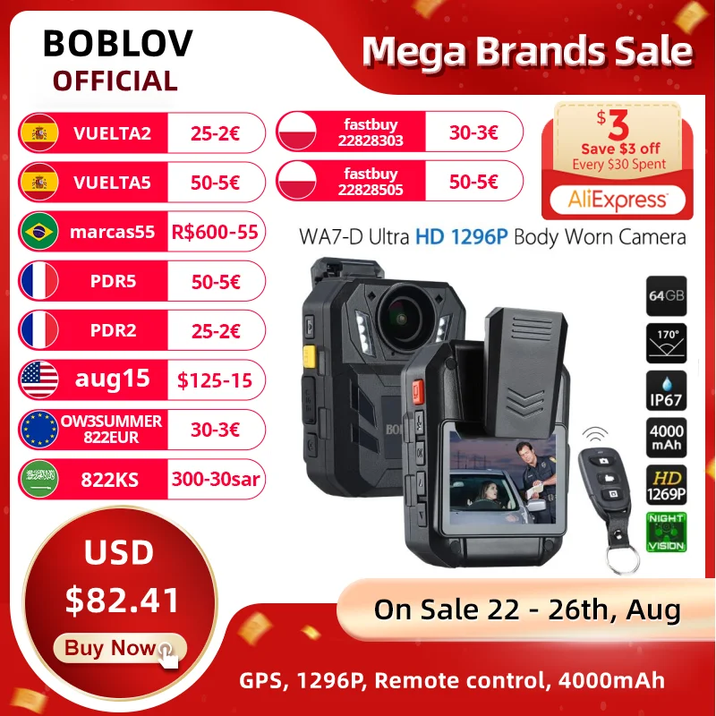 BOBLOV WA7-D 32G/64G Mini Camera 32MP HD 1296P Wearable Body Camera Security Video Recorder 4000mAh Battery With Remote Control