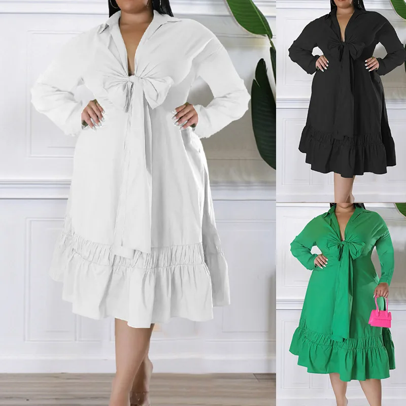 

2023 Spring/Summer Women's Dress Temperament Commuter Solid Ruffles Tie Bowknot Long Sleeve Dress