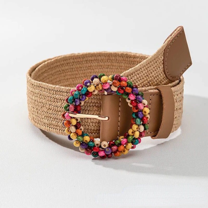 Summer Colorful Round Buckle PP Grass Belt for Women Bohemian Beach Style Versatile Dresses Hand-woven Fashion Belt