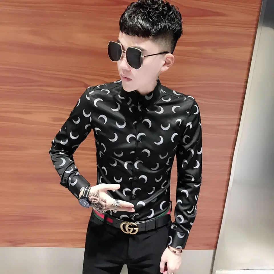 Men's long sleeve printed shirt spring and autumn new handsome fashion Korean slim shirt