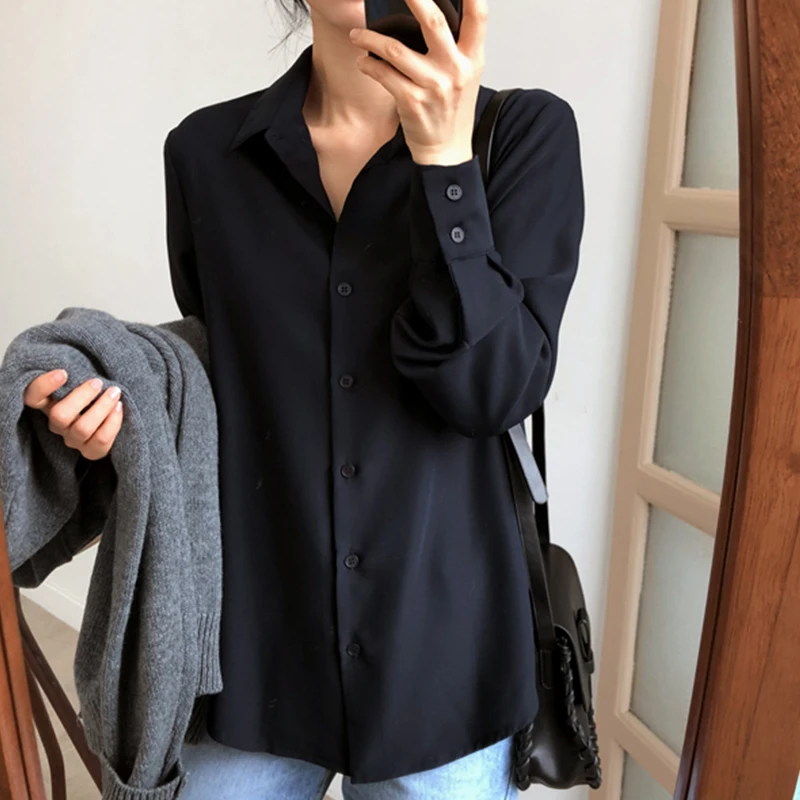 

2022 New Arrival Women Solid Black Chiffon Blouse Long Sleeve Casual Shirt Women's Korean Style Chic Tops landuxiu