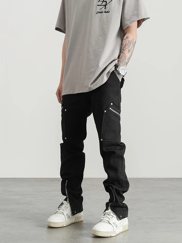 Men's Jeans High Street Multi Pocket Zipper Design Jeans Men's Hip Hop Black Slim Pants Hot Selling Boyfriend Jeans Four Seasons