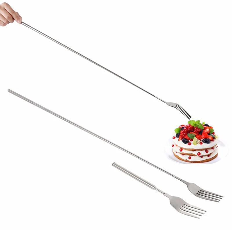 

Silver Stainless Telescopic Extendable Fork Dinner Fruit Dessert Long Cutlery Forks BBQ Meat Fork Kitchen Dinnerware Tableware