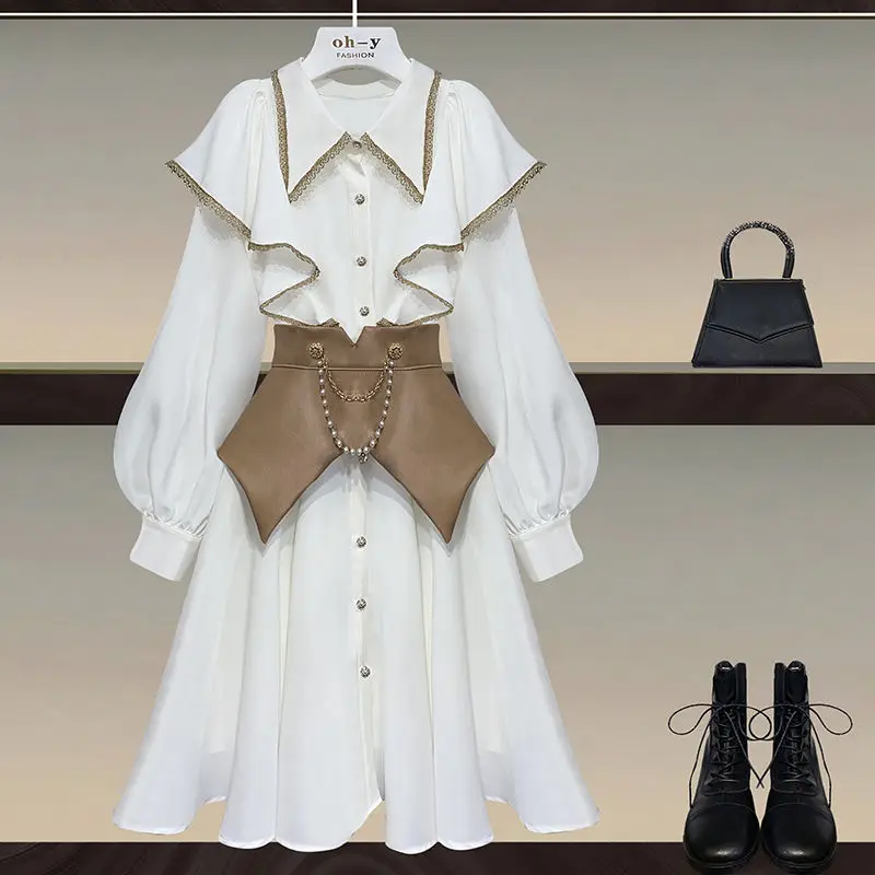 

VANOVICH Корейский Японский стиль оборки средней длины талии стройнящее платье комплект из двух частей 2022 весна и осень новое платье с длинным ...