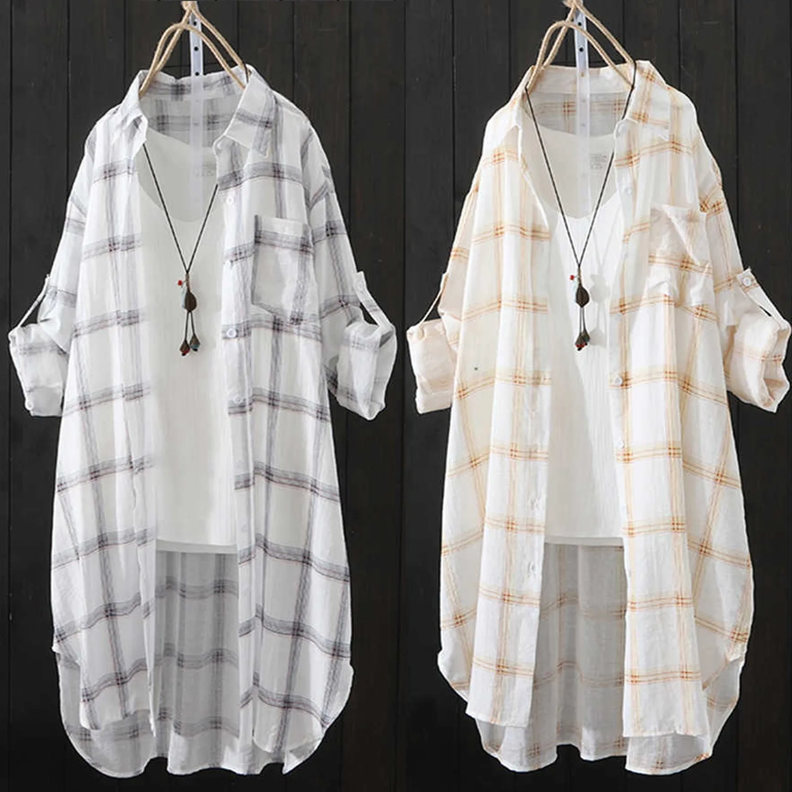 

Shirts For Women Fashion Plaid Shirt Button Irregular Hem Dress Cardigan Loose Blusas Holiday Vacation Travel Beach Daily Casual