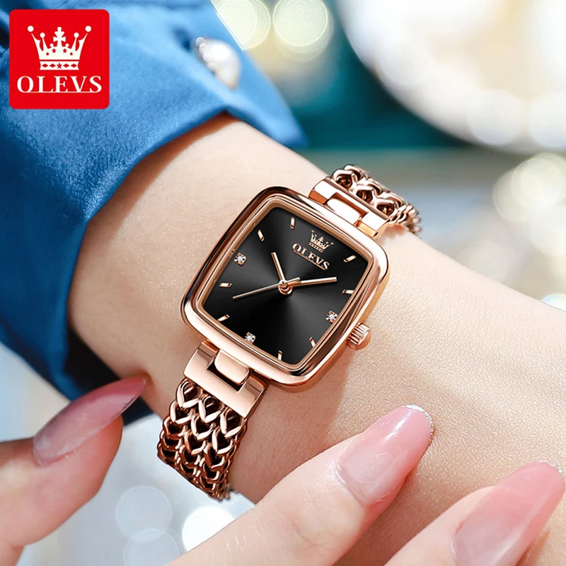 OLEVS 2023 New Casual Quartz Women Watch Fashion Rose Gold Strap Square Dial Design High Quality Women Watch 30M Waterproof 9951