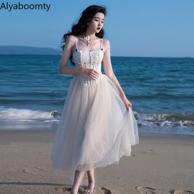 

Женское платье-миди на тонких бретельках, летнее платье с цветочным принтом и сеткой в стиле пэчворк, элегантное шикарное вечернее Бандажно...