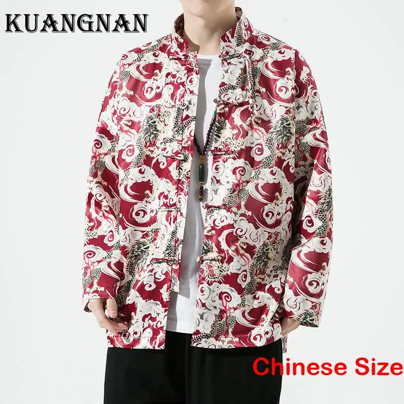 

KUANGNAN Ice Silk Dragon Men's Shirt Blouse Korean Clothes Mens Clothing Sale Tops Blouses Items Social Male 5XL 2023 Spring