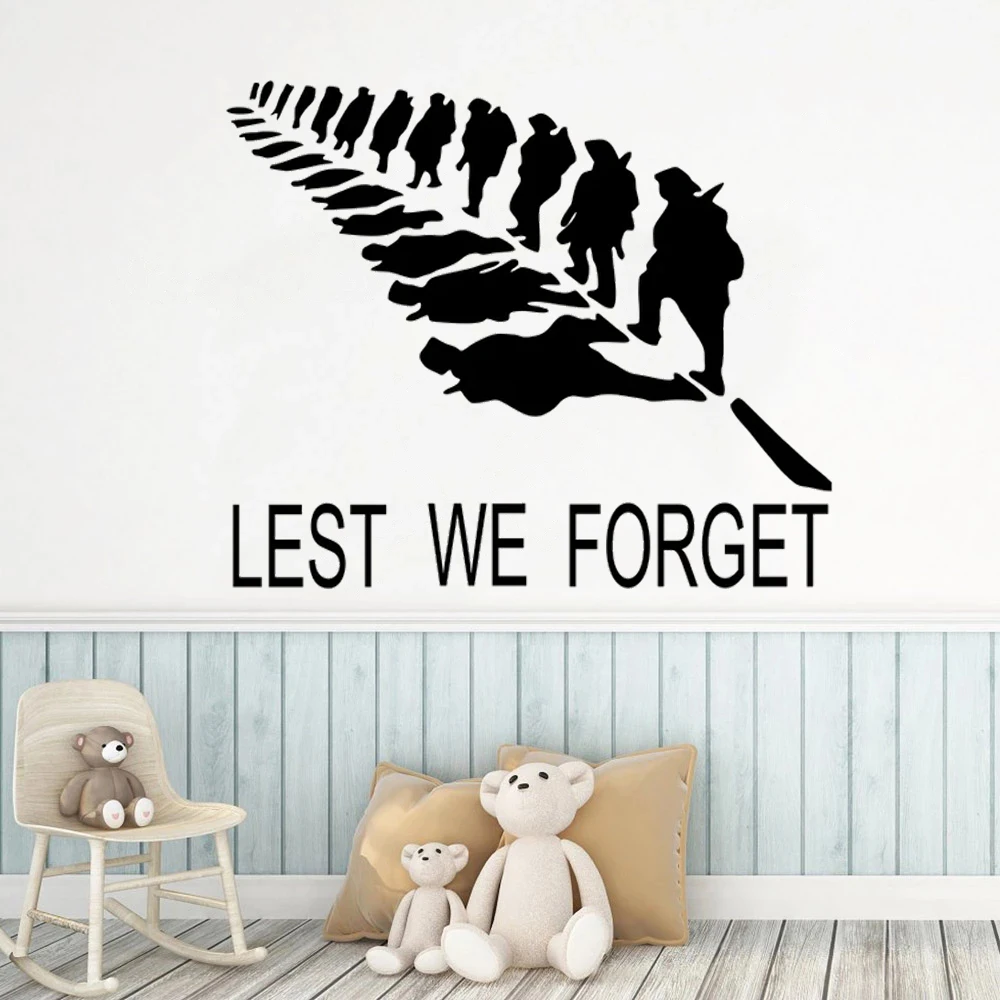 

Lest We Forget Quotes Wall Stickers Soldier Remembrance Day Decals Vinyl Murals Feather Bedroom Livingroom Decor Poster HJ1703