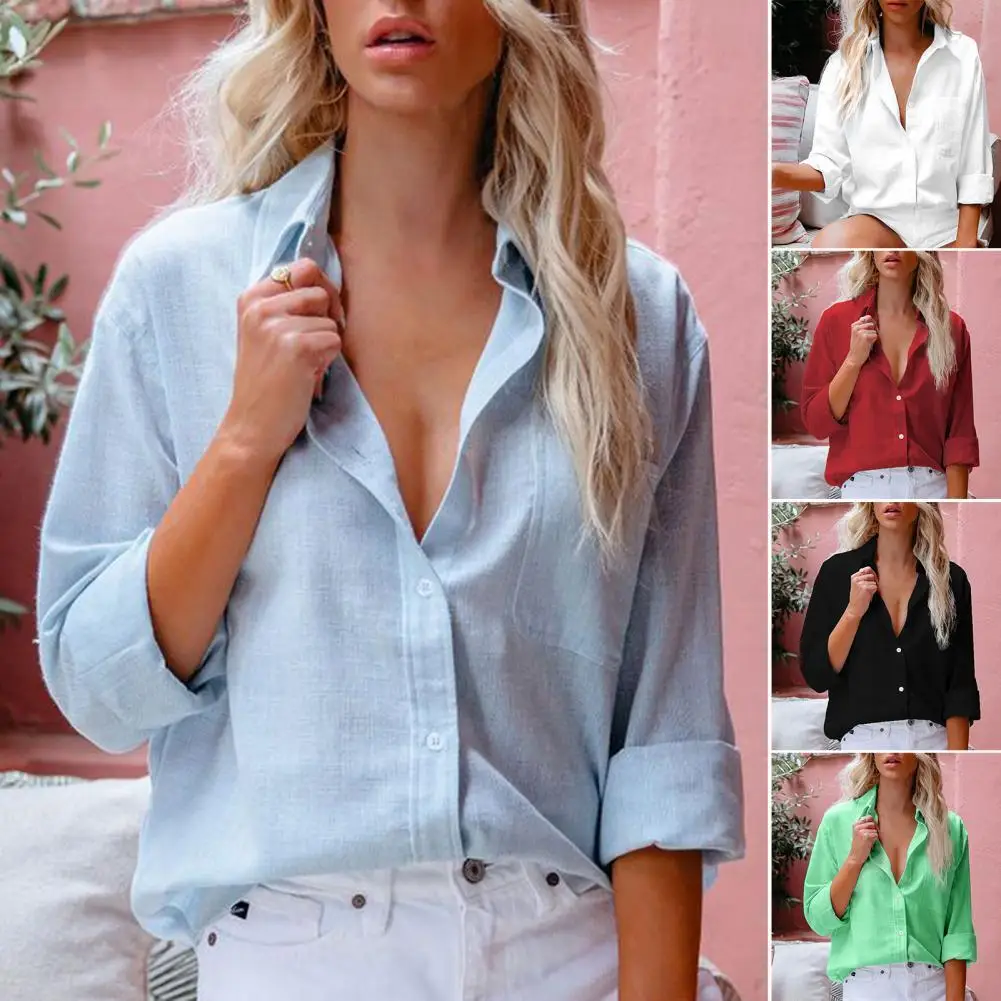 

Women Shirt Solid Color Single Breasted Summer Autumn Relaxed Fit Buttons Blouse Streetwear
