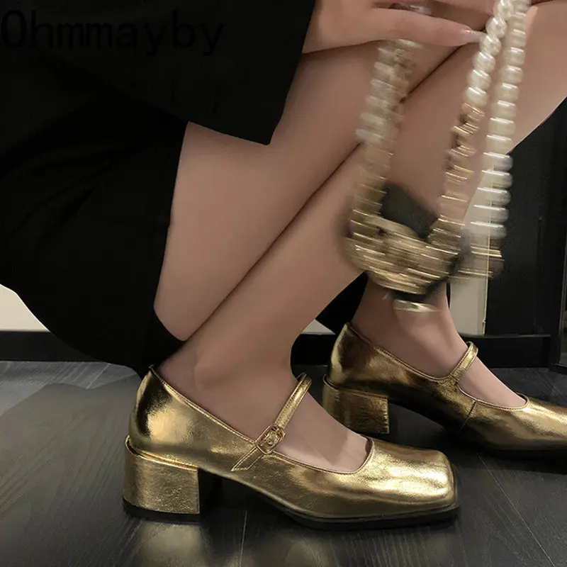 

Туфли-лодочки женские на среднем квадратном каблуке, Туфли Мэри Джейн с низким каблуком и пряжкой, элегантные офисные классические туфли